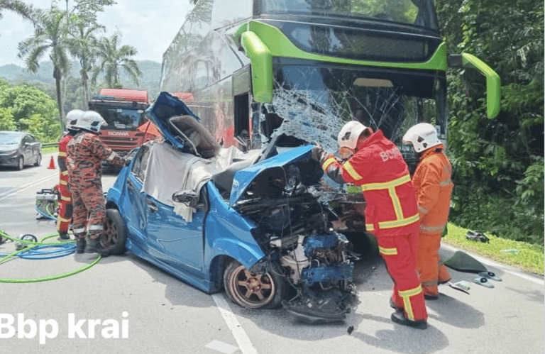Tiga maut Myvi bertembung bas ekspres